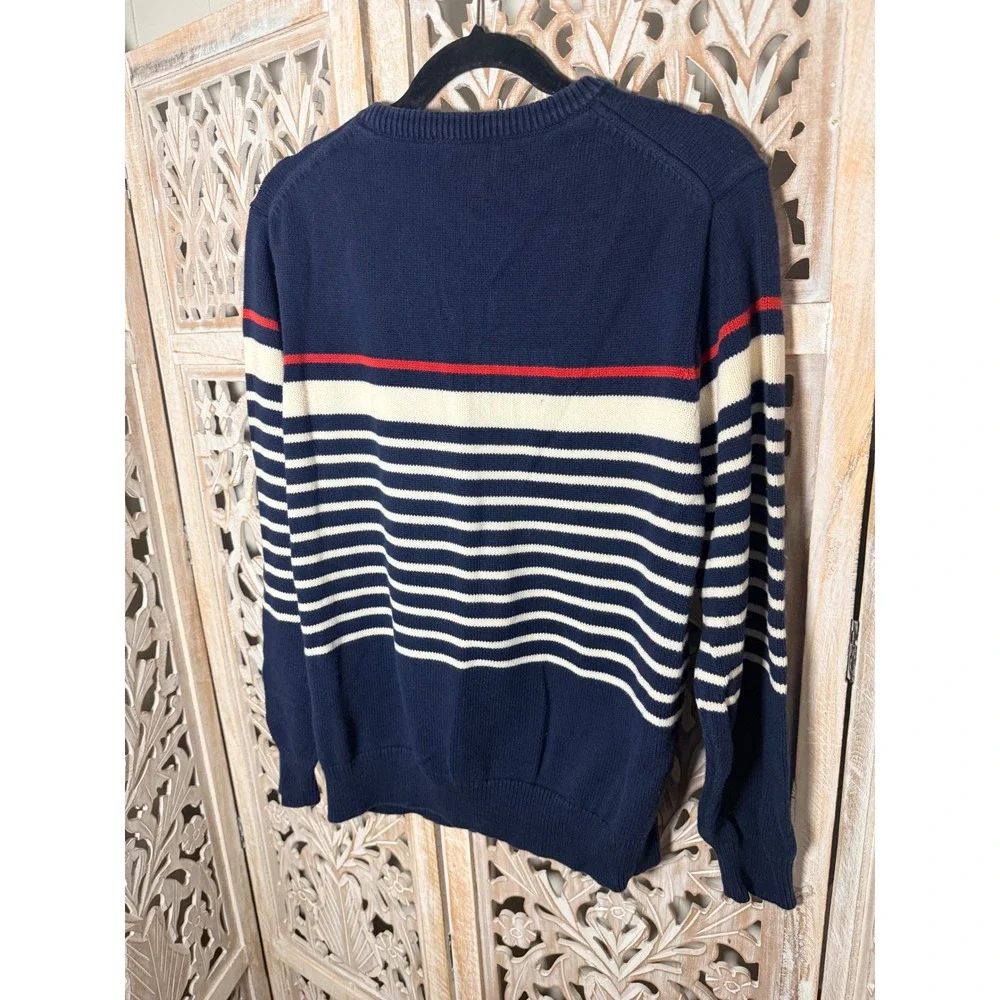 J.Crew Mens Navy Blue White Red Striped 100% Cotton Crewneck Sweater Large